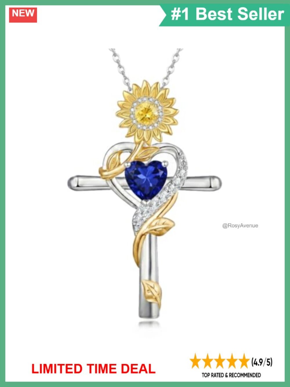 Sunflower Cross Necklace Sapphire Birthstone Pendant Women Jewelry